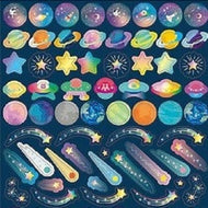 Circle Stickers, Basic, Space, 113 stickers. Stickers, planets, rockets, shooting stars, stars, moon. Circle stickers, round, colorful, pastel, metallic. :4510180237364