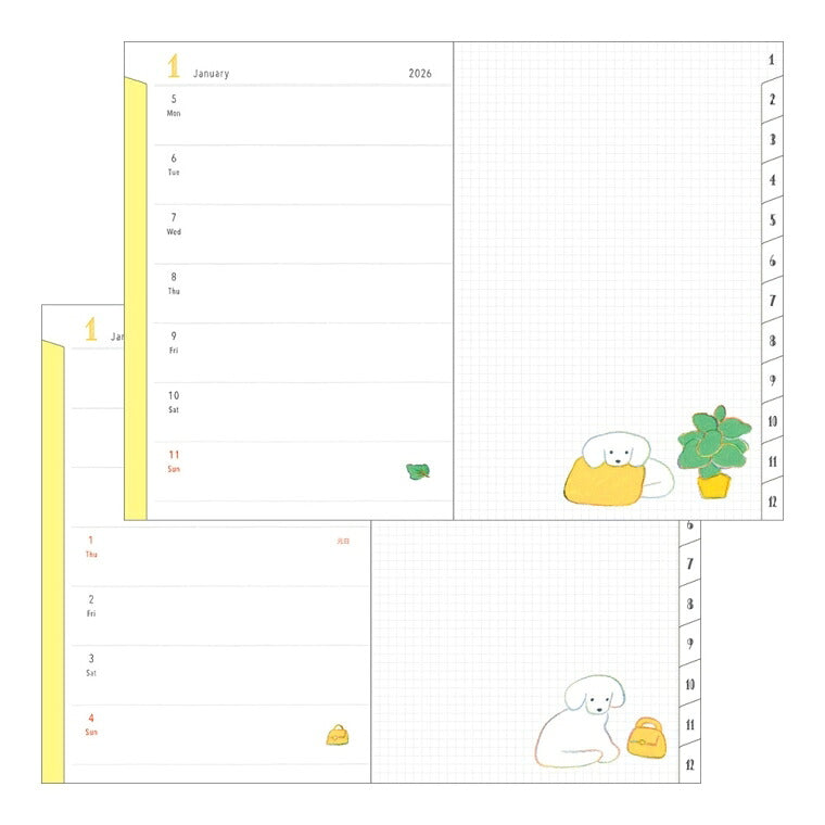 [SALE Price★] DESIGNPHIL MIDORI 2026 January Start Diary Weekly Left (Horizontal) B6 Pocket Diary Dog Cat Flower Bird Ojisan Design Adult Cute Diary Planner Timekeeper Diary: 4902805273466
