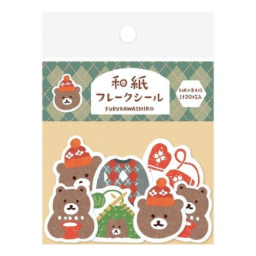 ＃和紙ﾌﾚｰｸｼｰﾙくまと編みもの --- : Japanese paper flake seal bear and knitting :4952270325535